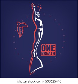 Female diver underwater. Sport logo illustration on a dark background