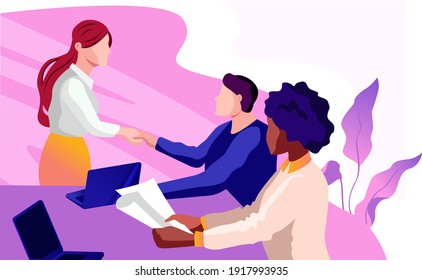 Female diverse businesspeople sit at desk in office talk brainstorm discuss business ideas at meeting, happy woman recruiter speak interview work candidate at briefing, employment concept