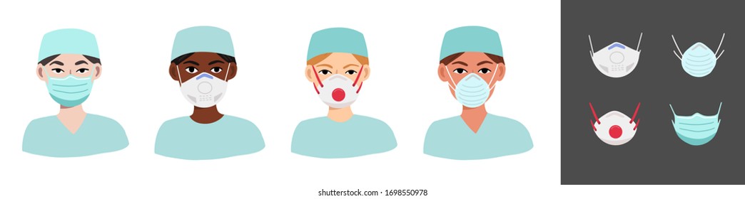 Female diverse doctor or nurse wearing medical face mask, respirator, N95. Anti virus concept, coronavirus, NCoV 19 protection. Types of masks. Flat vector illustration isolated on white background