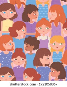 female diverse faces cartoon characters background vector illustration