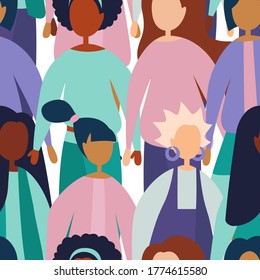 Female diverse faces of different ethnicities seamless pattern. International Women's Day. Vector flat illustration.