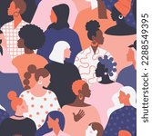 Female diverse faces of different ethnicity seamless pattern. Women empowerment movement pattern. International women