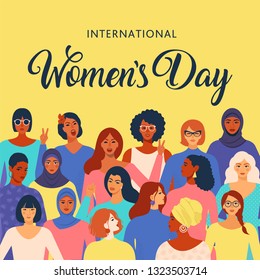 Female diverse faces of different ethnicity poster. Women empowerment movement pattern. International women´s day graphic in vector.