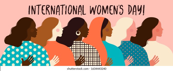 Female diverse faces of different ethnicity poster. Women empowerment movement pattern. International women´s day graphic in vector.