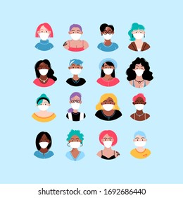 Female diverse faces of different ethnicity, different skin and different bodies, wearing medical face mask. Pandemic concept