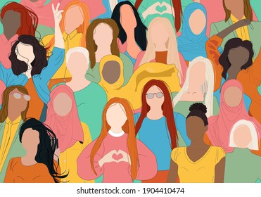 Female diverse faces of different ethnicity. Women empowerment movement pattern. International women's day graphic in vector in blue, yellow and green colors.