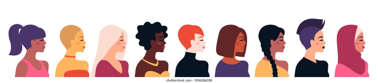 Female diverse faces, different ethnicity and hairstyle. Vector illustration, banner or poster. Woman empowerment movement. Happy International Women's day. Indian, african girls, muslim in hijab