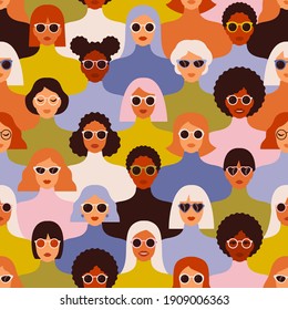 Female Diverse Faces Of Different Ethnicity Seamless Pattern. Women Empowerment Movement Pattern. International Women's Day Graphic In Vector. 