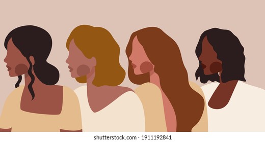 Female diverse faces of different ethnicity poster. Women empowerment movement . International women's day graphic in vector.