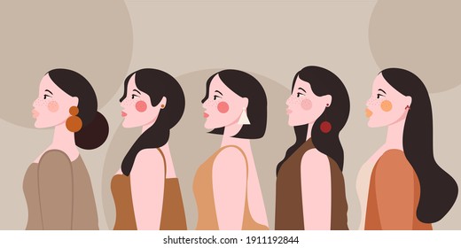 Female diverse faces of different ethnicity poster. Women empowerment movement . International women's day graphic in vector.