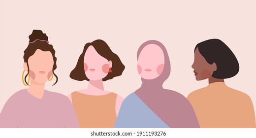 Diversos rostros femeninos de diferentes afiches étnicos. Movimiento de empoderamiento de la mujer. Gráfica del Día Internacional de la Mujer en vector.