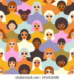 Female diverse faces of different ethnicity seamless pattern. Women empowerment movement pattern. International women's day graphic in vector. Mid Century Modern Art.