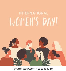 Female diverse faces of different ethnicity poster. Women empowerment movement pattern. International women´s day graphic in vector.