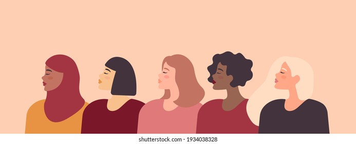 Female diverse faces of different ethnicity. Vector banner with women of different nationalities and cultures. Women's struggle for freedom, independence, equality.