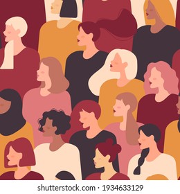 Female diverse faces of different ethnicity. Vector seamless drawing with women of different nationalities and cultures. Women's struggle for freedom, independence, equality.