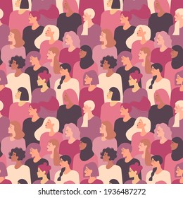 Female diverse faces of different ethnicity. Vector seamless pattern with women of different nationalities and cultures. Women's struggle for freedom, independence, equality.