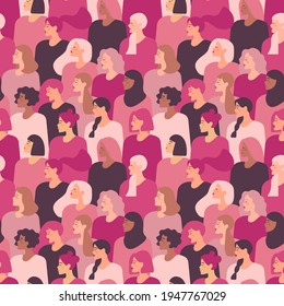 Female diverse faces of different ethnicity. Vector seamless drawing with women of different nationalities and cultures. Women's struggle for freedom, independence, equality.