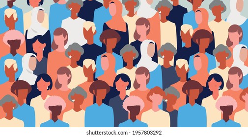 Female diverse faces of different ethnicity seamless pattern. Women empowerment movement pattern. International women's day graphic in vector.