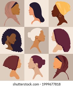 Female diverse faces of different ethnicity pattern. Set of 9 faces. Women empowerment movement pattern. International women's day graphic in vector.