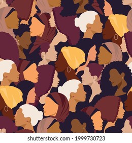 Female diverse faces of different ethnicity seamless pattern. Women empowerment movement pattern. International women's day graphic in vector. Women's faces in profile.