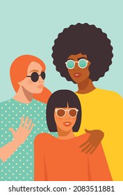 Female diverse faces of different ethnicity. Women empowerment movement. International women's day graphic in vector. Mid Century Modern Art.