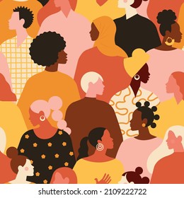 Female diverse faces of different ethnicity seamless pattern. Women empowerment movement pattern. International women's day graphic in vector.