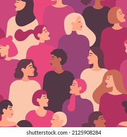 Female diverse faces of different ethnicity. Vector seamless pattern with women of different nationalities and cultures. Women's struggle for freedom, independence, equality.