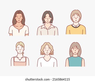 Female diverse faces, different ethnicity and hairstyle. Hand drawn style vector design illustrations.