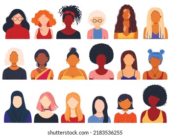 Female diverse faces, different ethnicity and hairstyle. Woman empowerment movement. Indian, african girls, muslim in hijab