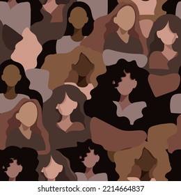 Female diverse faces of different ethnicity. Vector seamless pattern with women of different nationalities and cultures. Women's struggle for freedom, independence, equality.