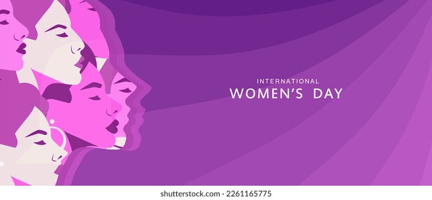 Female diverse faces of different ethnicity. Vector illustration, banner or poster, landing page. International Women's Day banner.