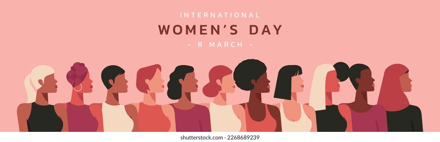 female diverse faces of different ethnicity. March 8 international women's day and the feminist movement for independence, freedom, empowerment, and activism for woman rights, vector flat illustration