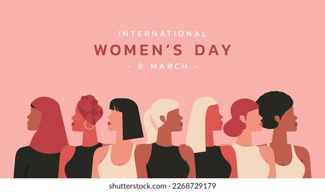 female diverse faces of different ethnicity on 8 March International women day and the feminist movement for independence, freedom, empowerment, and activism for woman rights, flat vector illustration