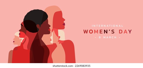 female diverse faces of different ethnicity in silhouette. March 8 International women day and the feminist movement for independence, freedom, and activism for woman rights, flat vector illustration