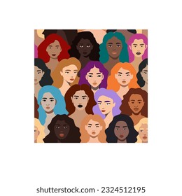 Female diverse faces of different ethnicity seamless pattern. equality concept, international womens, activism, feminism, inclusive. Modern feminist vector illustration. different womens portaint