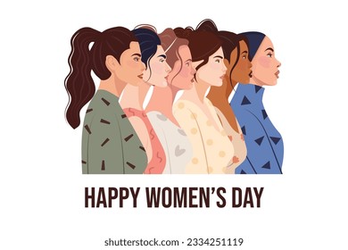 Female diverse faces, different ethnicity and hairstyle.  Different ethnicity women: African, Asian, Chinese, European, Latin American, Arab. Vector datar illustration, banner or poster. Woman empower