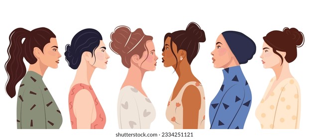 Female diverse faces, different ethnicity and hairstyle.  Different ethnicity women: African, Asian, Chinese, European, Latin American, Arab. Vector datar illustration, banner or poster. Woman empower