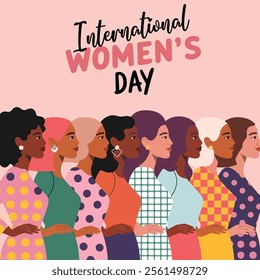 Female diverse faces of different ethnicity poster. Women empowerment movement pattern. International womens day graphic in vector