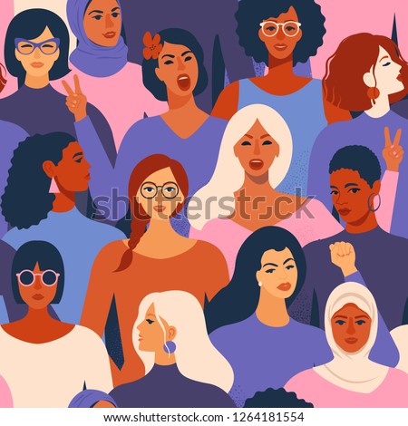 Female diverse faces of different ethnicity seamless pattern. Women empowerment movement pattern. International women's day graphic in vector.  商業照片 © 