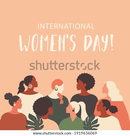 Female diverse faces of different ethnicity poster. Women empowerment movement pattern. International women´s day graphic in vector.
