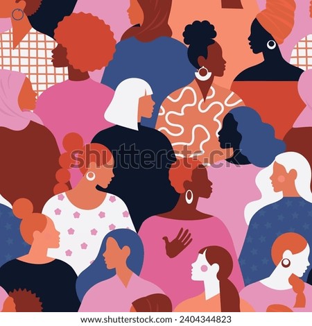 Female diverse faces of different ethnicity seamless pattern. Women empowerment movement pattern. International women's day graphic in vector. 