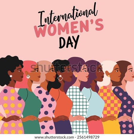 Female diverse faces of different ethnicity poster. Women empowerment movement pattern. International womens day graphic in vector