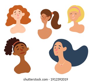 Female diverse faces. Freckles, Piercing, red hair, glasses, blonde, international. Collection of multiethnic female profile pictures avatars vector cartoon illustrations isolated on white background