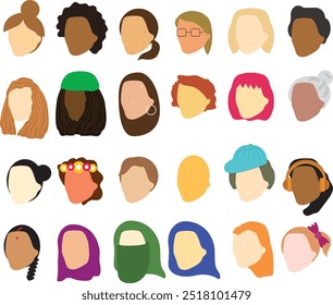 Female diverse faces and diverse hair of different ethnicity. Women empowerment feminist. International womens day graphic in vector flat illustration