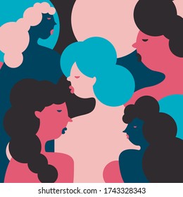 Female diverse faces. International women's day graphic in vector.