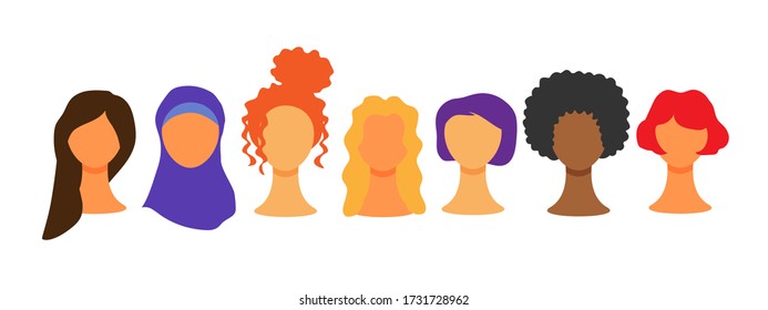 Female diverse faces. Multi-ethnic beauty. Women different nationalities and cultures. The struggle for rights, independence, equality. International women's day. Graphic in vector background.