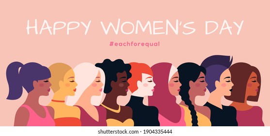 Female diverse faces profile, different ethnicity and hairstyle. Vector illustration. Woman empowerment movement banner or poster. Happy International Women's day, 8 March graphic icons design