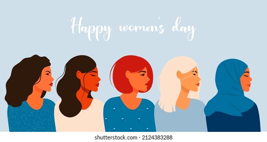 Female diverse faces profile, different ethnicity and hairstyle. Vector illustration. Woman empowerment movement banner or poster. Happy International Women's day, 8 March graphic icons design