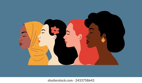 Female diverse faces profile, different ethnicity. Happy International Women's day card. Vector flat style cartoon illustration