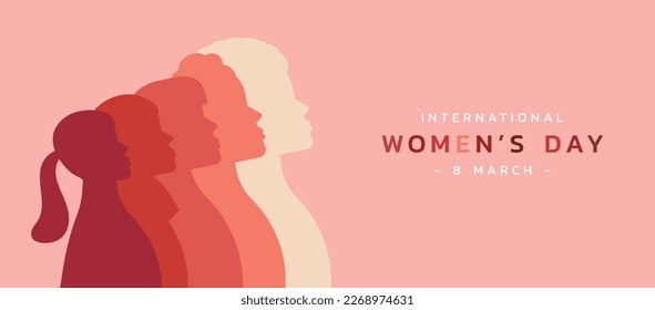 female diverse faces in silhouette on 8 March International women day and the feminist movement for independence, freedom, empowerment, and activism for woman rights, flat vector illustration